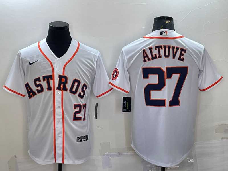 Mens Houston Astros #27 Jose Altuve Number White With Patch Stitched MLB Cool Base Nike Jersey